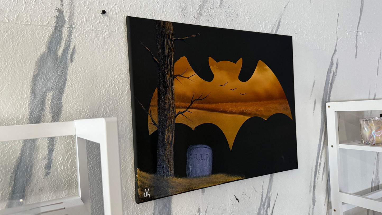 Painting #2048 - 16x20" Canvas - BAT Halloween Landscape painted 9-11-25