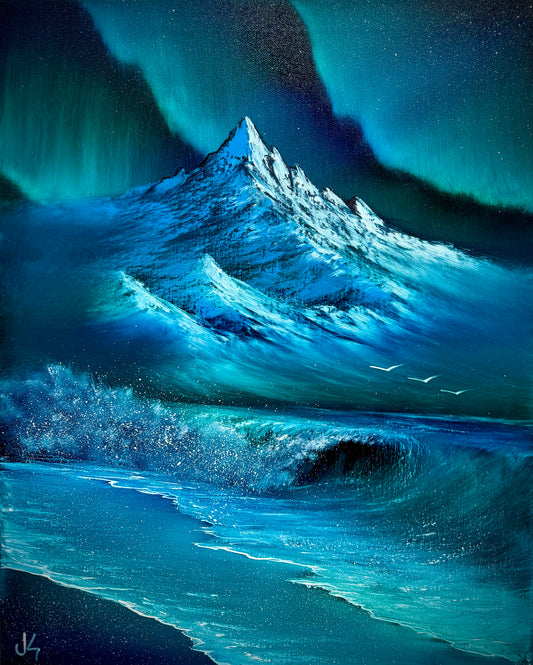 Painting #1706 - 16x20" Canvas - Aurora Mountain Seascape 2-16-25