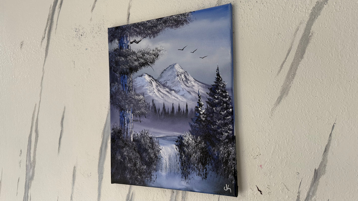 Painting #1997 - 16x20" Canvas - Winter Forest Waterfall Landscape painted 8-15-25