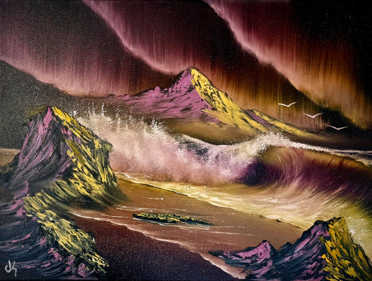 Painting #1983 - 18x24" Canvas - Aurora Mountain Seascape painted 8-8-25