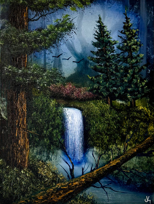 Painting #1958 - 18x24" Canvas - Forest Waterfall Landscape painted 7-25-25