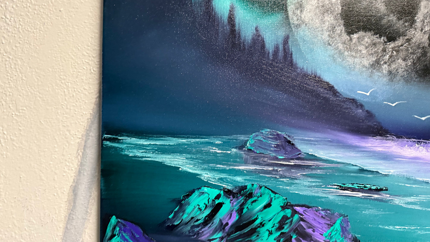 Painting #2007 - 18x24" Canvas - Full Moon Seascape painted 8-18-25