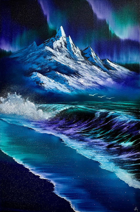 Painting #1715 - 24x36" Pro Series Canvas - Aurora Mountain Seascape painted 2-21-25