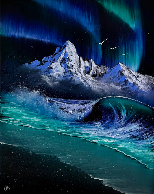 Painting #2495 - 16x20" Canvas - Aurora Mountain Seascape painted 6-28-26