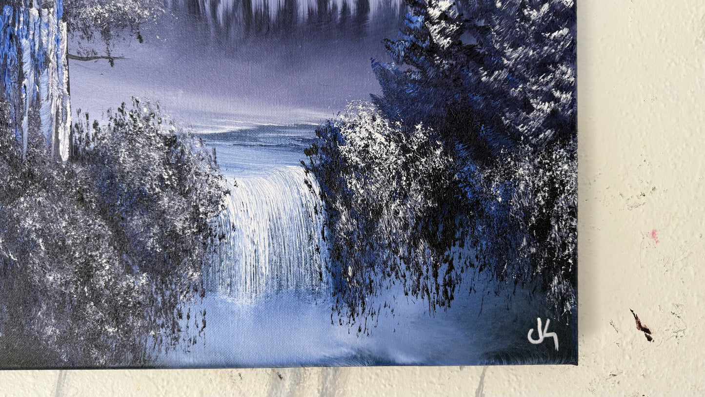 Painting #1997 - 16x20" Canvas - Winter Forest Waterfall Landscape painted 8-15-25
