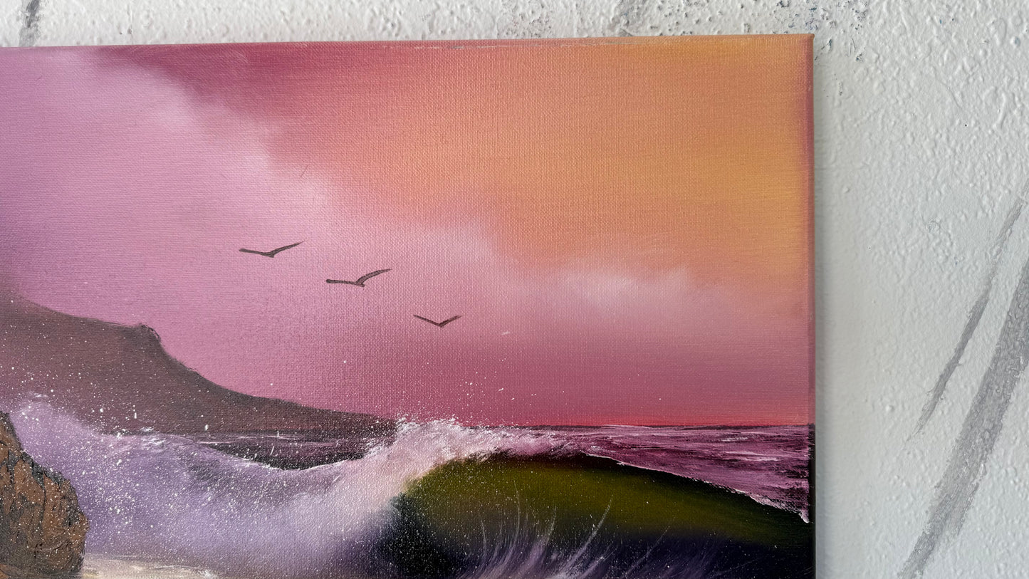 Painting #1994 - 16x20" Canvas - Rocky Sunset Seascape painted 8-14-25
