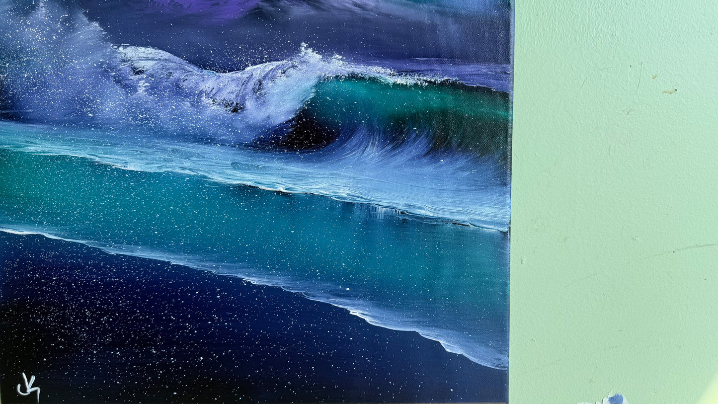 Painting #2017 - 16x20" Canvas - Aurora Mountain Seascape painted 8-24-25