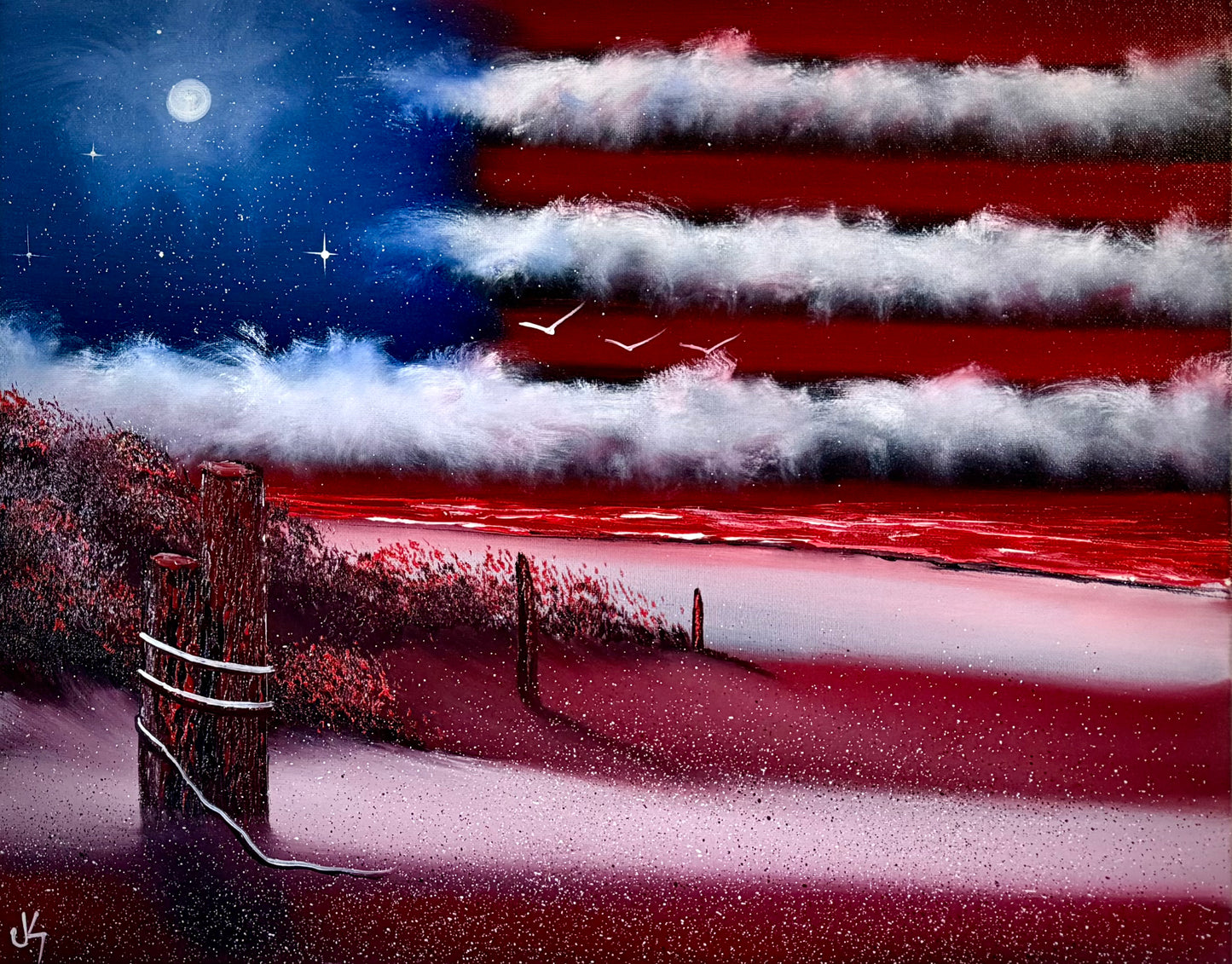 Painting #2459 - 16x20" Canvas - American Flag East Coast Seascape painted 5-25-26
