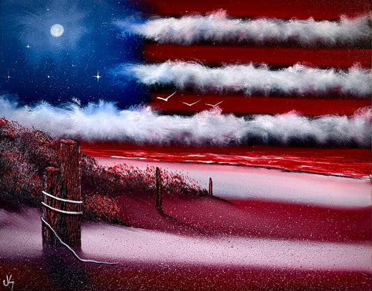 Painting #2459 - 16x20" Canvas - American Flag East Coast Seascape painted 5-25-26