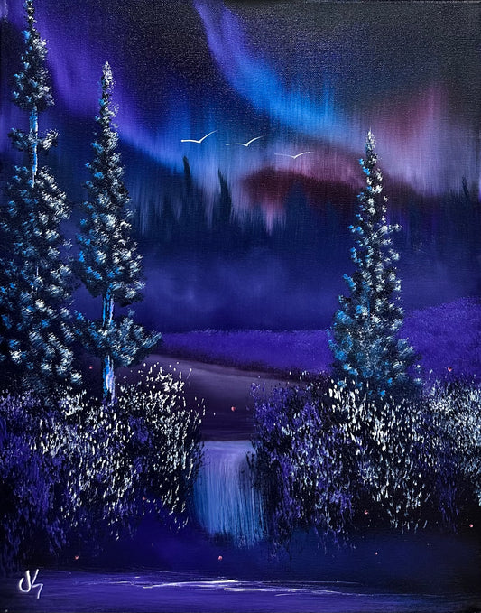 Painting #1685 - 16x20" Canvas - Aurora Borealis Waterfall 2-2-25