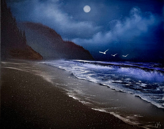 Painting #2094 - 16x20" Canvas - Night Oregon Coast Seascape painted 10-10-25