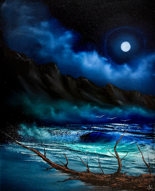 Painting #1648 - 16x20" Tropical Night Seascape painted 1/11/25