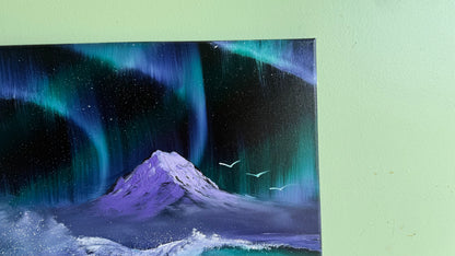 Painting #2017 - 16x20" Canvas - Aurora Mountain Seascape painted 8-24-25