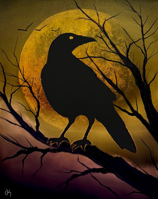 Painting #2542 - 16x20" Canvas -  Full Moon Crow painted 8-6-26