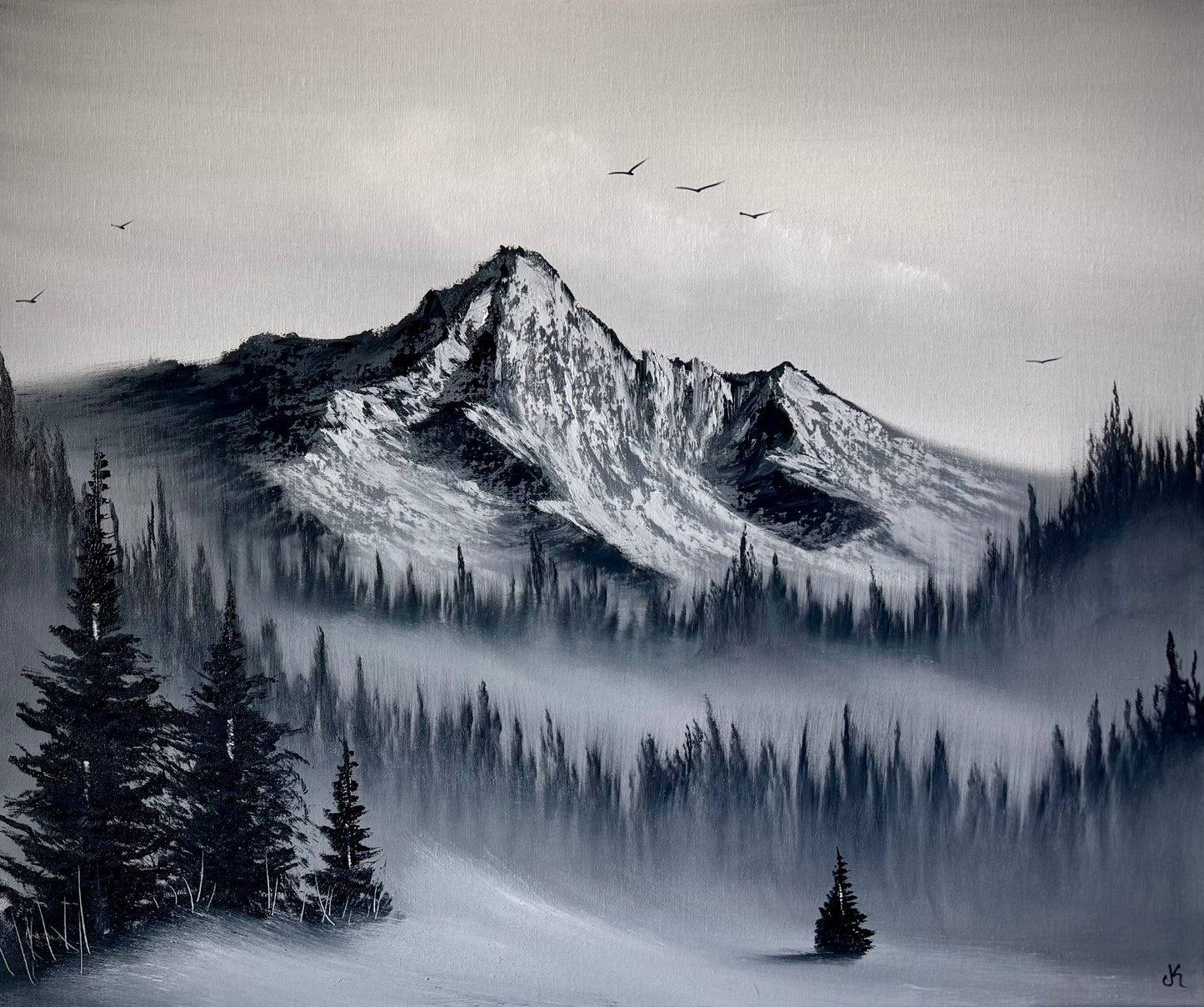 Painting #2429 - 20x24" Canvas - Black and White Mountain Landscape painted 5-5-26