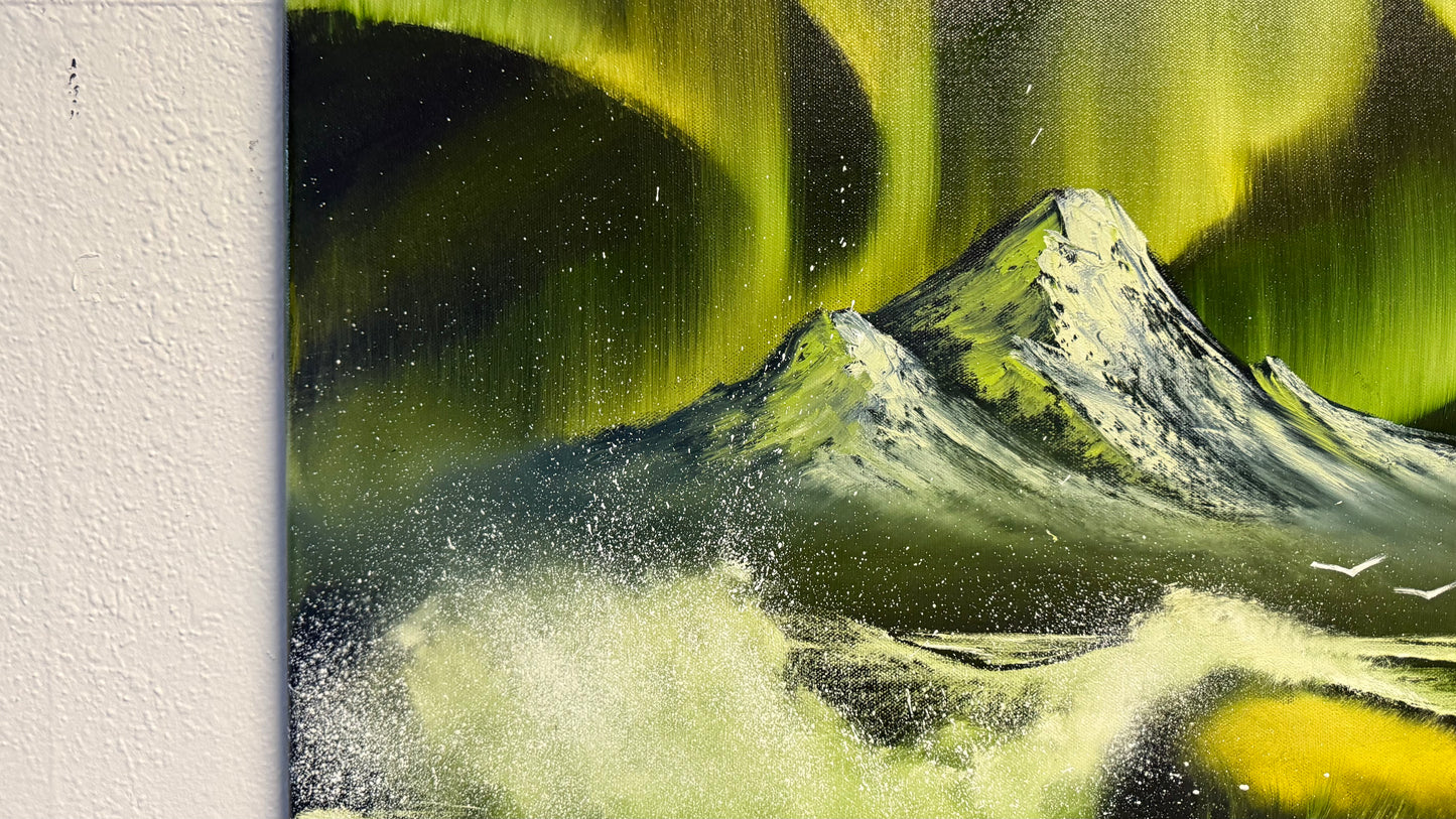 Painting #1977 - 22x28" Canvas - Aurora Mountain Seascape painted 8-4-25