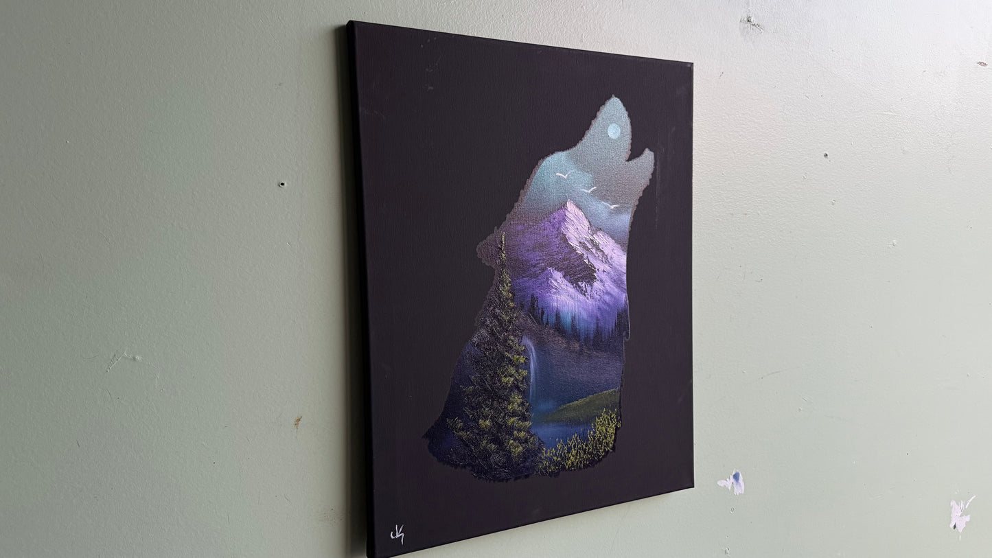Painting #2012 - 16x20" Canvas - Wolf Stencil Landscape painted 8-22-25
