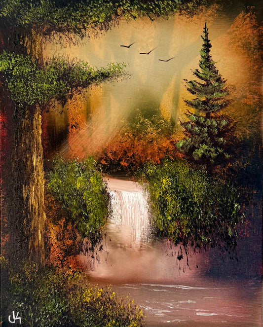 Painting #2059 - 16x20" Canvas - Autumn Waterfall Landscape painted 9-16-25