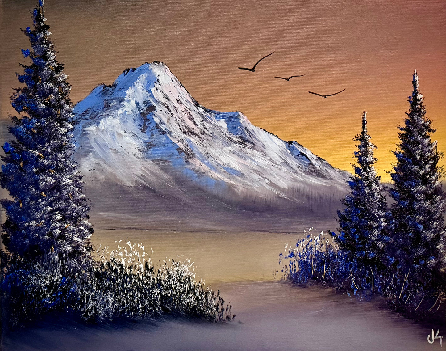 Painting #2145 - 16x20" Canvas - Christmas Tree Mountain Landscape with Fairy Lights painted 11-14-25
