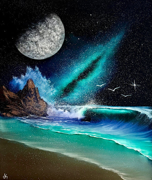 Painting #2200 - 20x24" Pro Series Canvas - Full Moon Milky Way Seascape painted 12-26-25