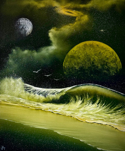 Painting #2483 - 20x24" Canvas - Space Seascape with Planets painted 6-12-26