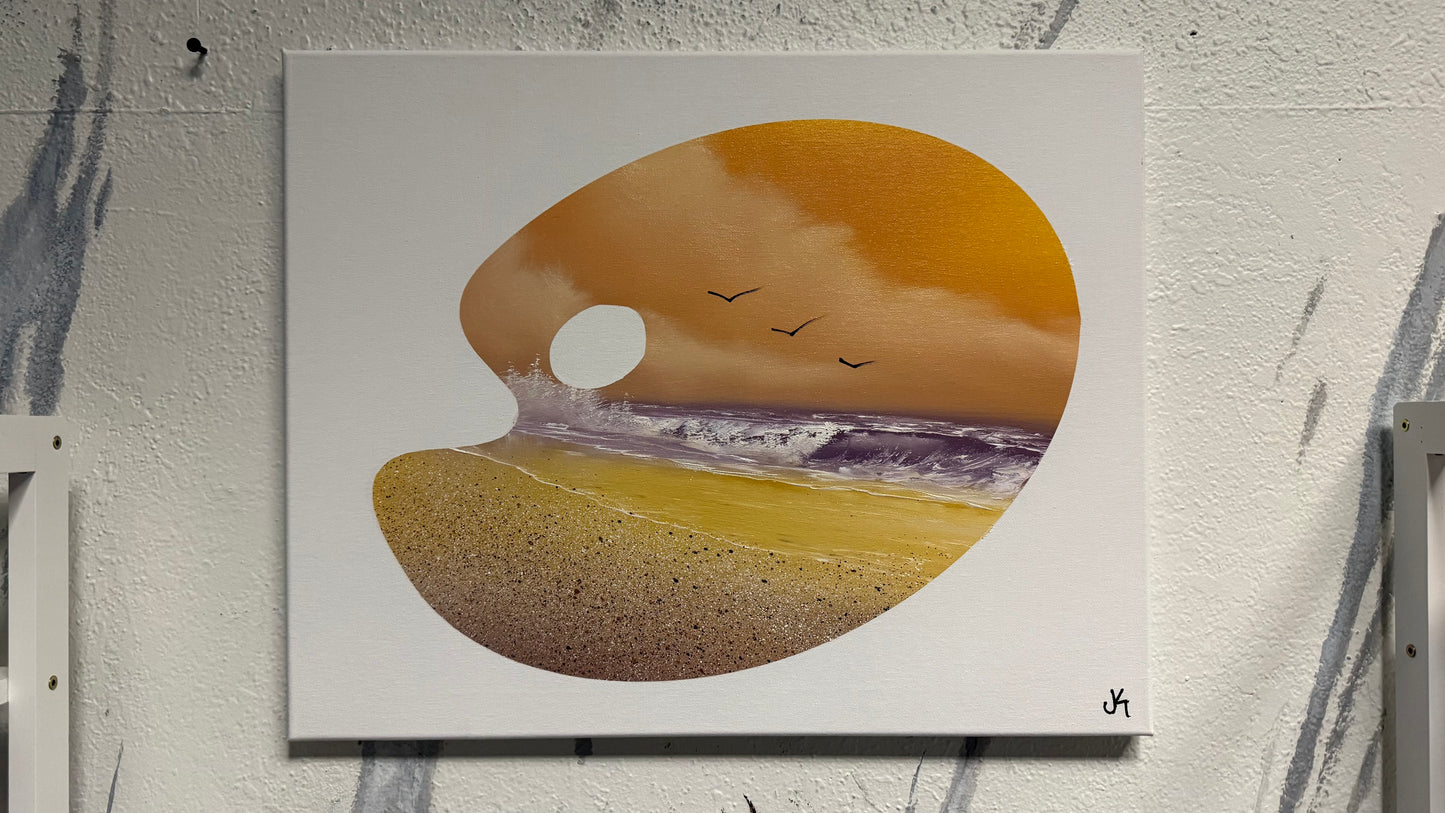 Painting #2044 - 16x20" Canvas - Sunset Seascape Palette Stencil painted 9-7-25