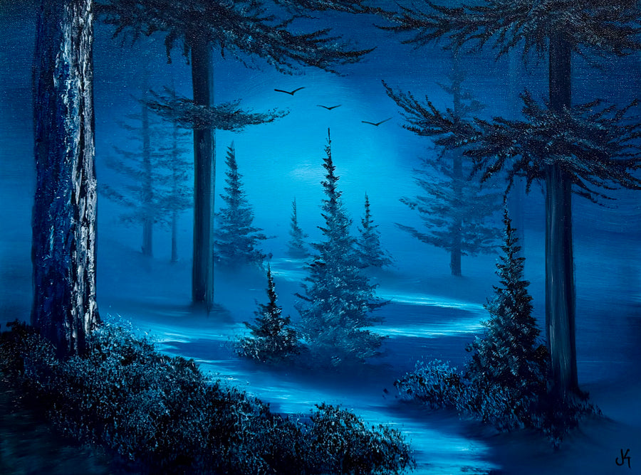 Painting #2558 - 18x24" Canvas - Deep Forest Turquoise Landscape painted 8-20-26