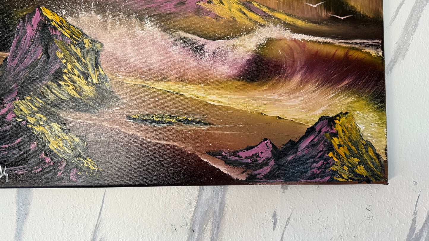 Painting #1983 - 18x24" Canvas - Aurora Mountain Seascape painted 8-8-25