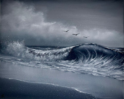 Painting #2494 - 16x20" Canvas - Black and White Seascape painted 6-22-26