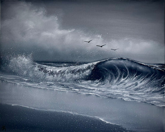 Painting #2494 - 16x20" Canvas - Black and White Seascape painted 6-22-26