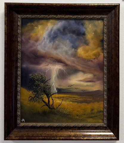 Painting #2589 - 16x20" Framed Canvas - Lightning Thunderstorm Landscape painted 9-7-26
