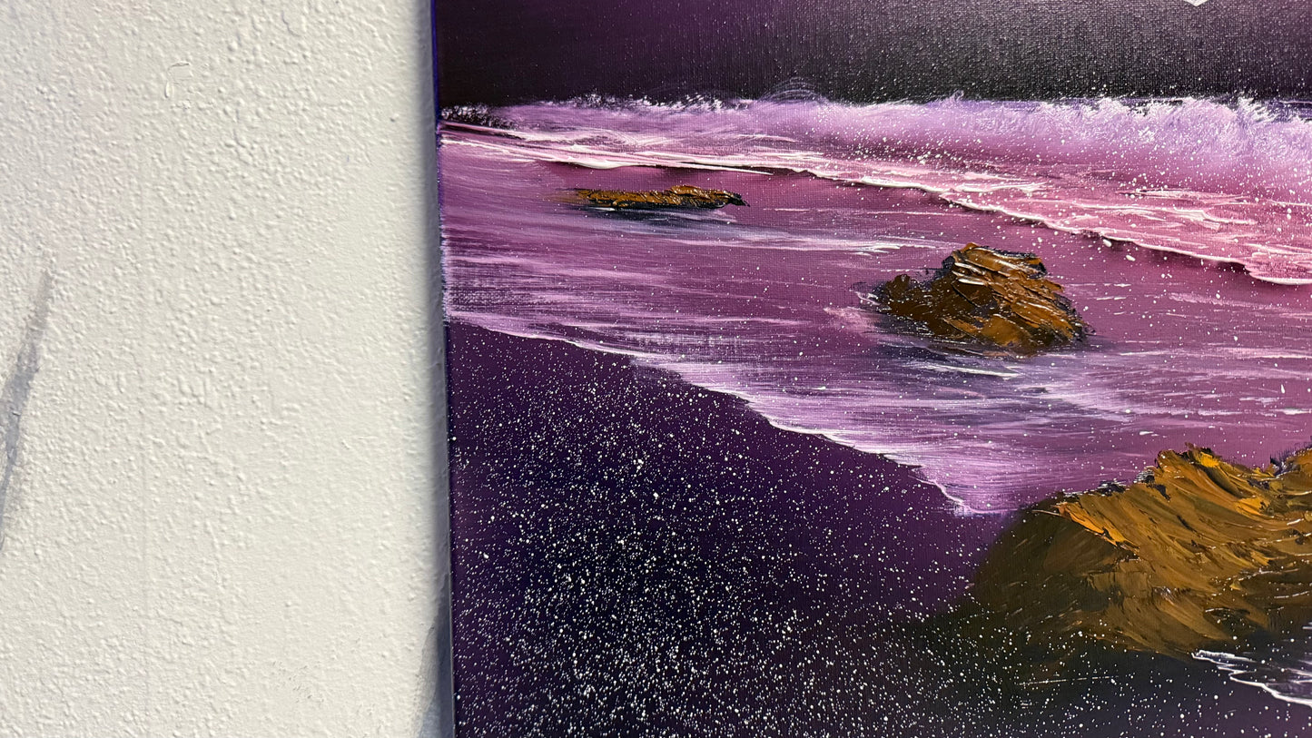 Painting #2001 - 16x20" Canvas - Full Moon Seascape painted 8-16-25