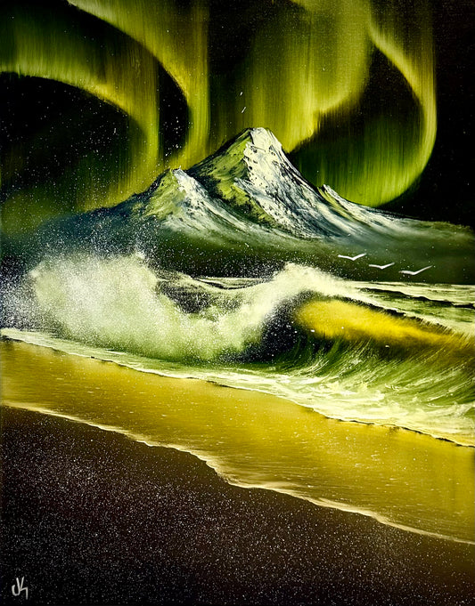 Painting #1977 - 22x28" Canvas - Aurora Mountain Seascape painted 8-4-25