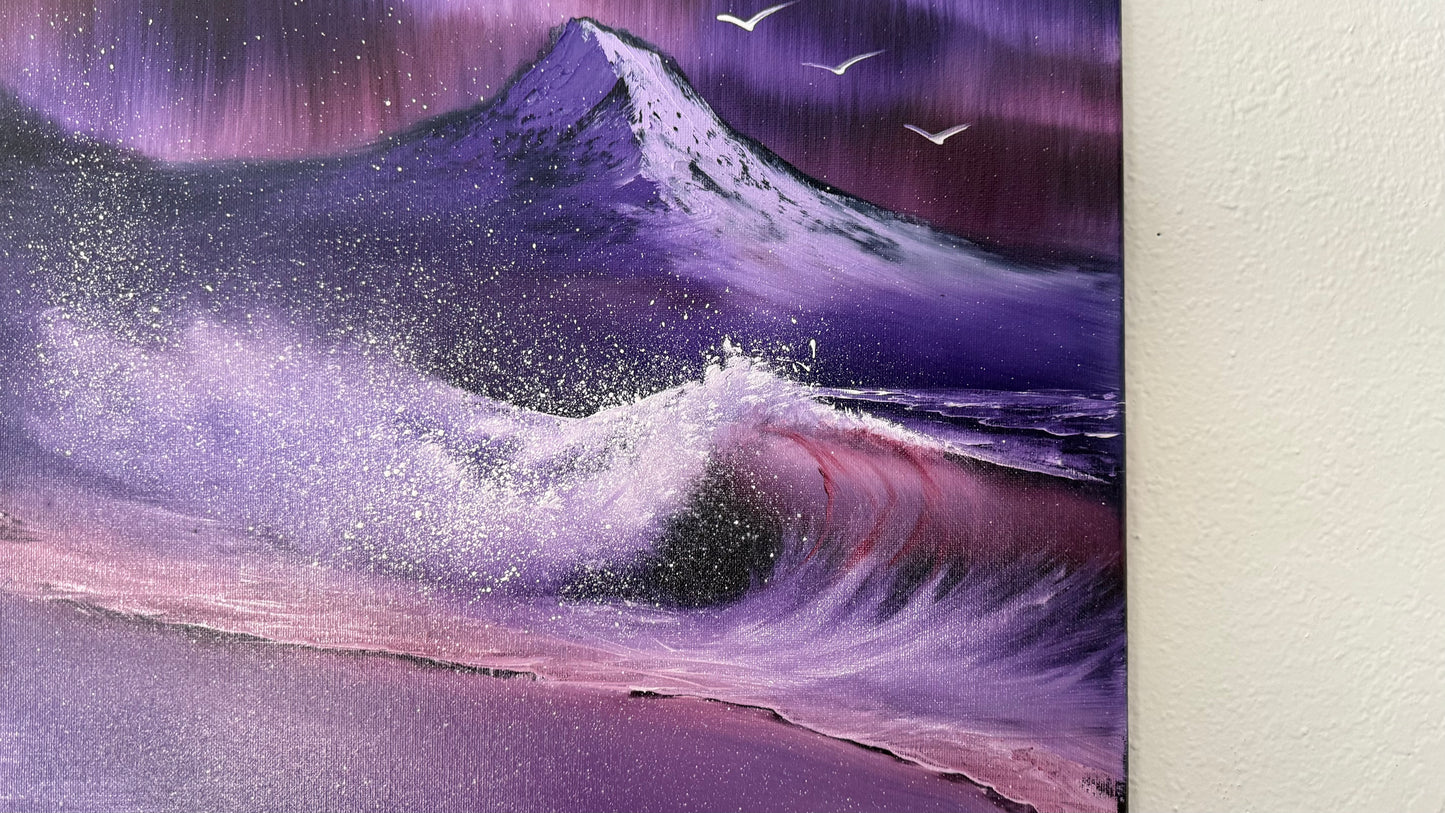 Painting #2031 - 16x20" Canvas - Aurora Mountain Seascape painted 8-31-25