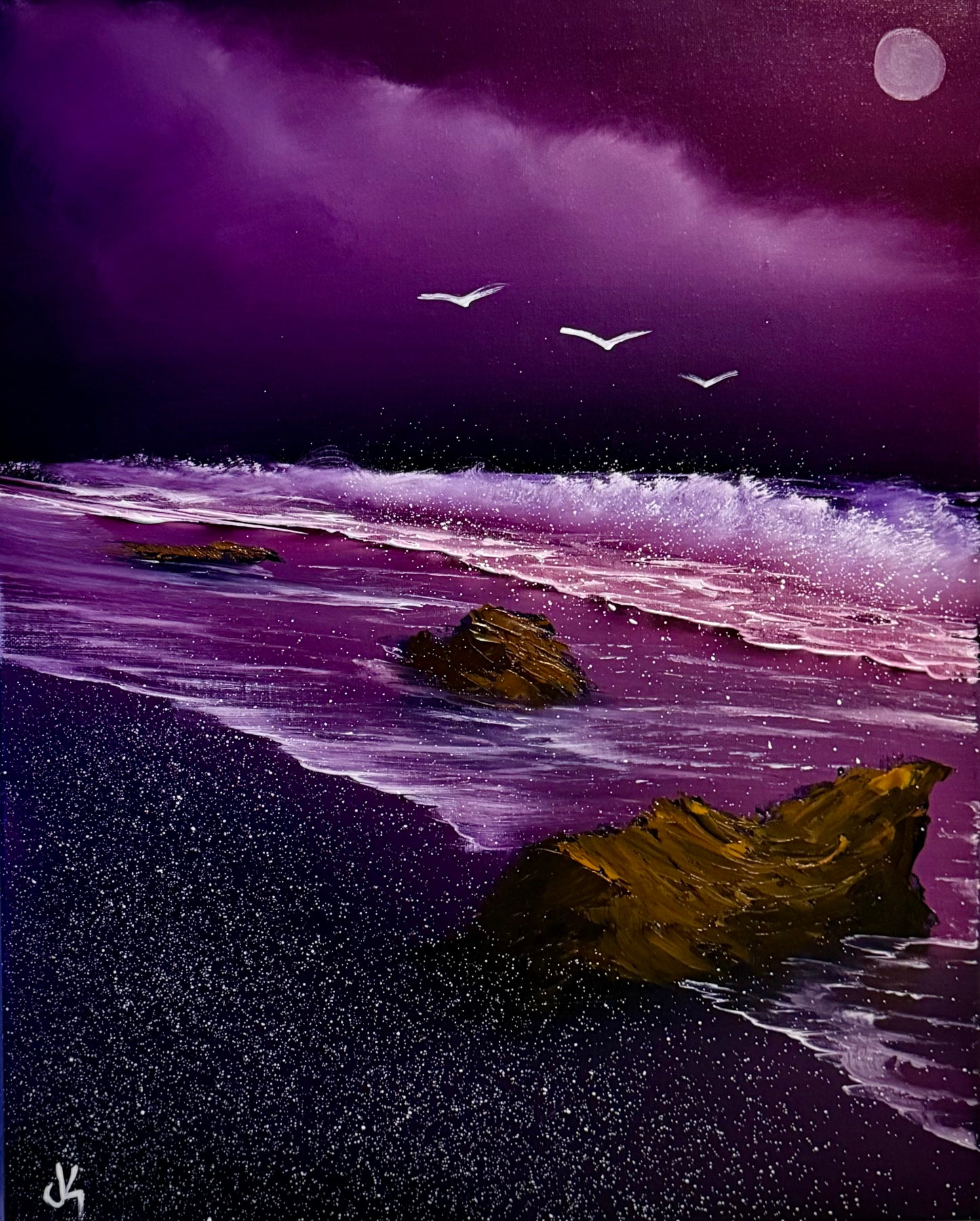 Painting #2001 - 16x20" Canvas - Full Moon Seascape painted 8-16-25