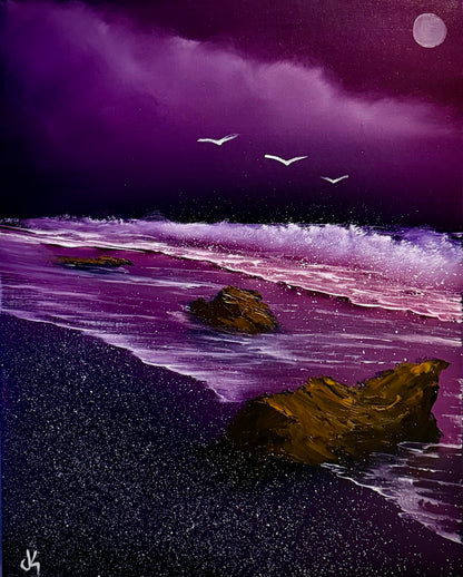 Painting #2001 - 16x20" Canvas - Full Moon Seascape painted 8-16-25