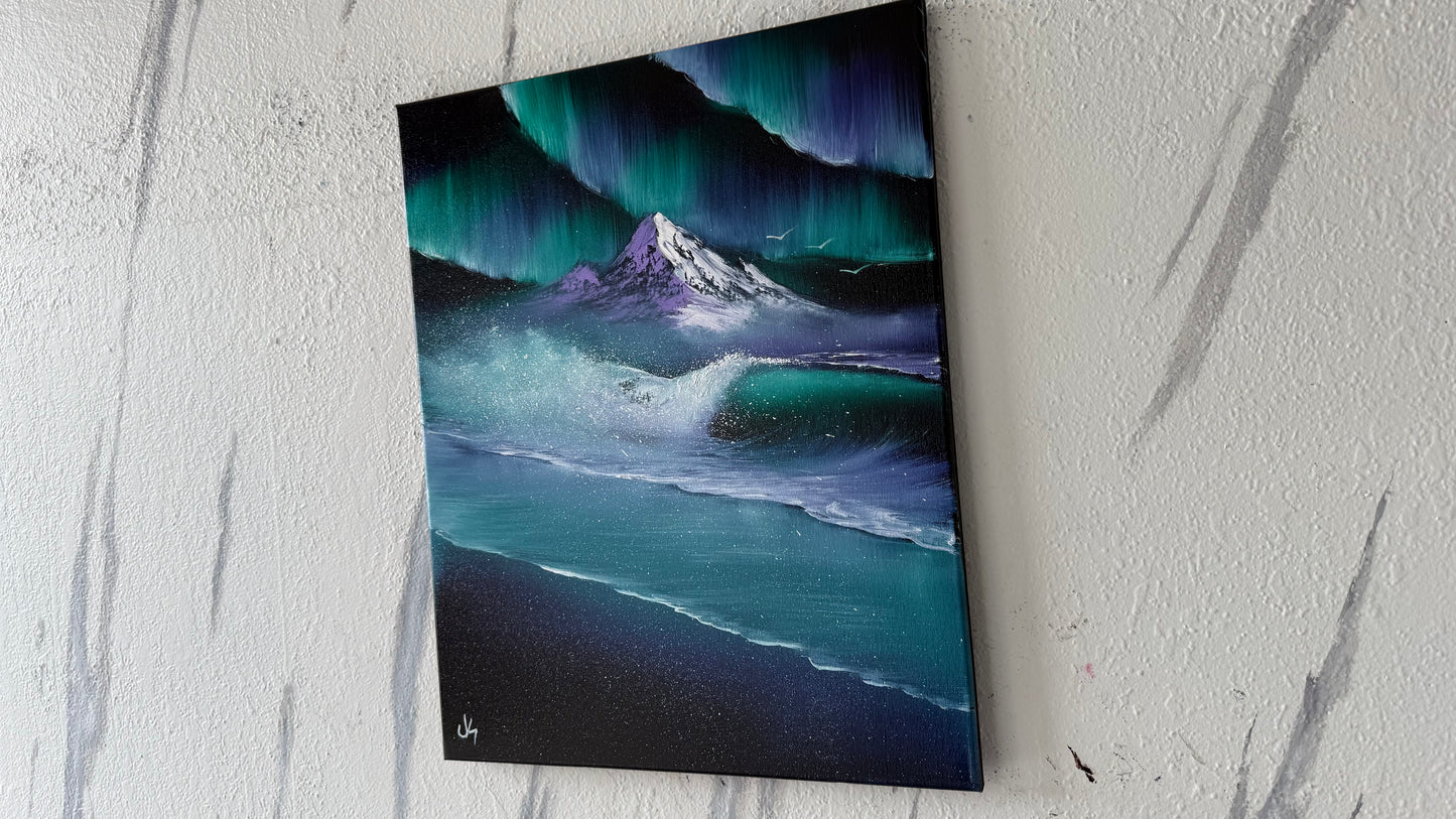 Painting #2003 - 16x20" Canvas - Aurora Mountain Seascape painted 8-17-25