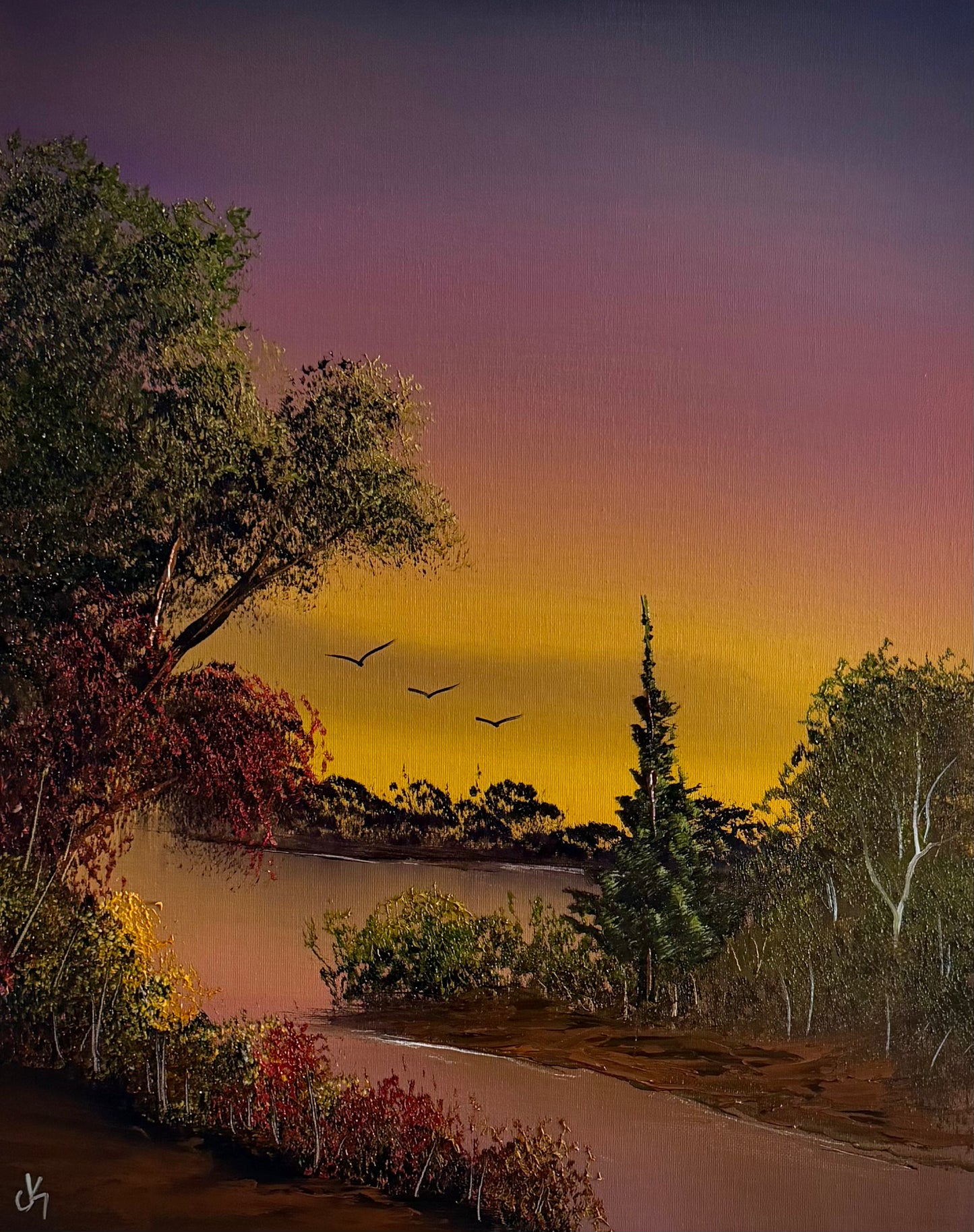 Painting #2505 - 16x20" Canvas - Lake Landscape painted 7-6-26