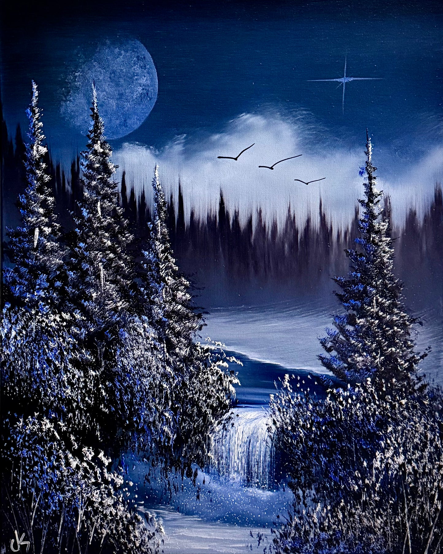 Painting #2252 - 16x20" Canvas - Full Moon Mountain Landscape painted 1-23-26