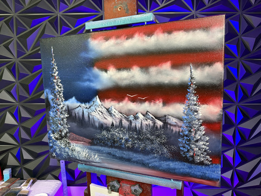 Painting #1650 - 18x24" Standard Black Canvas - American Flag Mountains painted 1-12-25