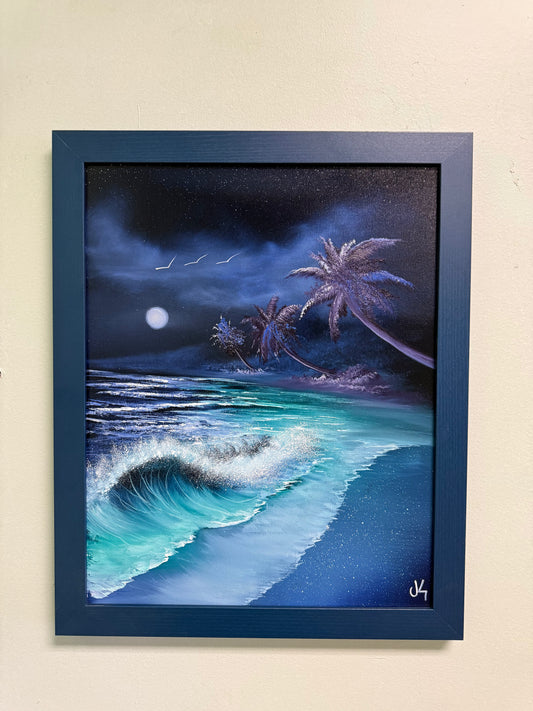 Painting #1795- 16x20" Canvas - Tropical Seascape with Blue Wood Frame included painted 4-13-25