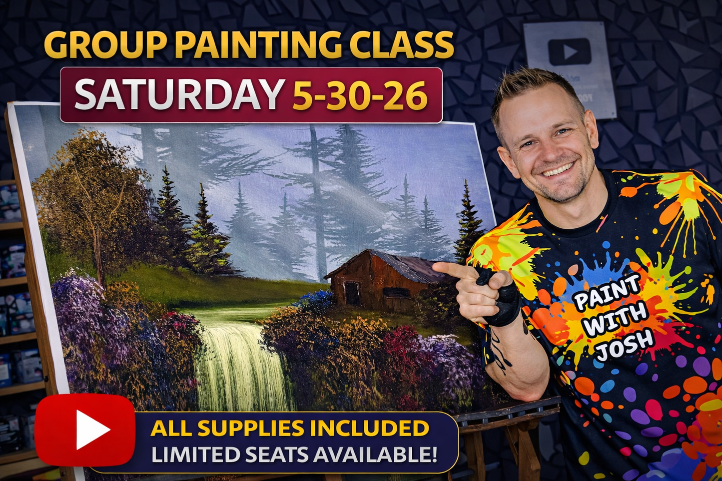 GROUP Painting Class - 6pm - Forest Waterfall Landscape with PaintWithJosh Saturday 5-30-26