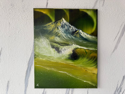 Painting #1889 - 16x20" Canvas - Aurora Mountain Seascape painted 6-12-25