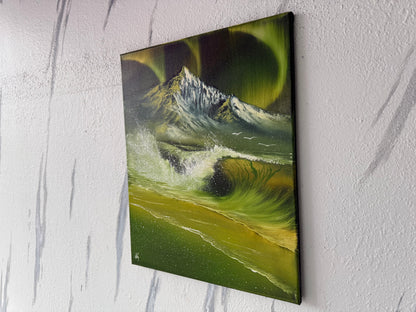 Painting #1889 - 16x20" Canvas - Aurora Mountain Seascape painted 6-12-25