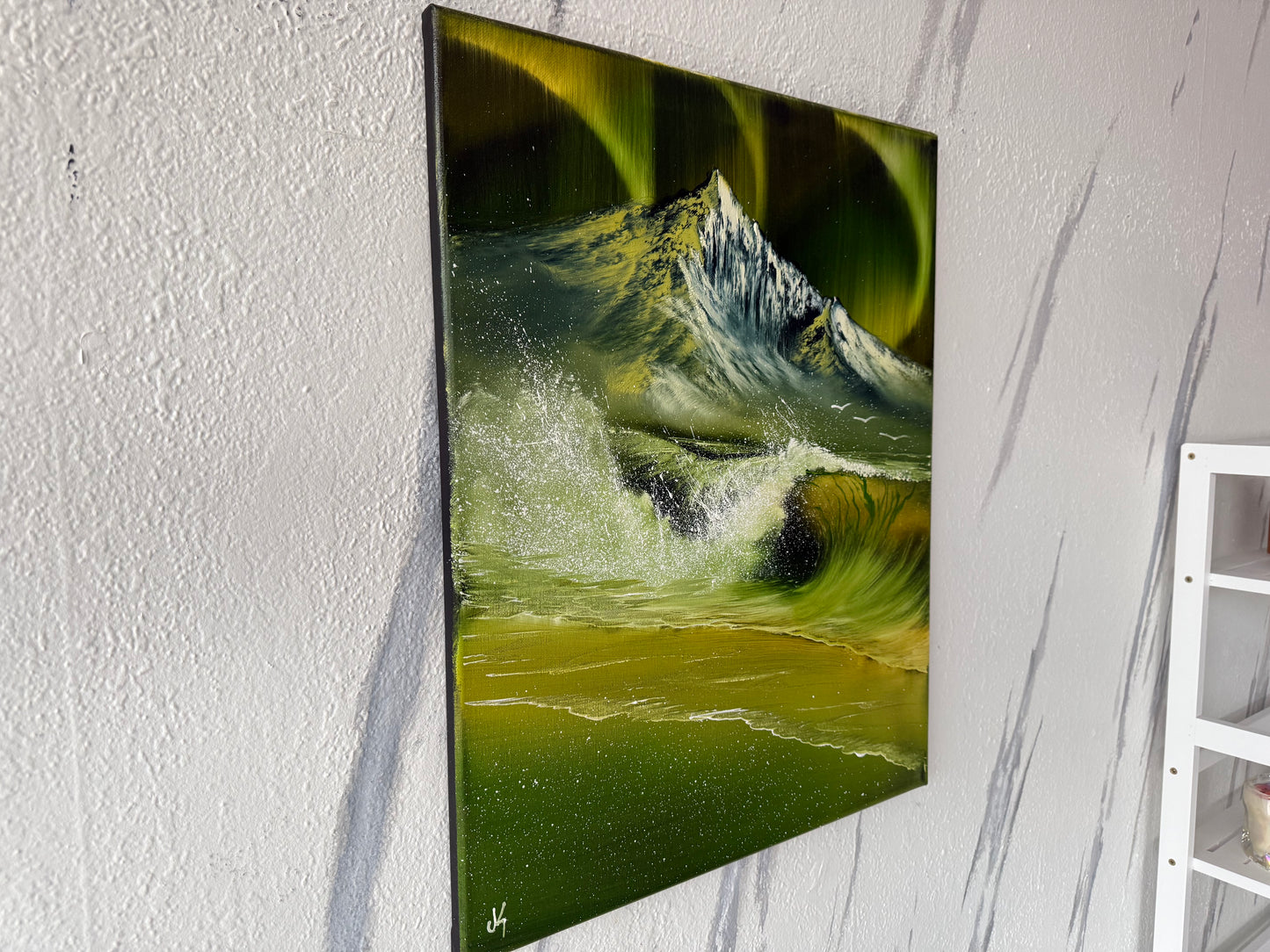 Painting #1889 - 16x20" Canvas - Aurora Mountain Seascape painted 6-12-25