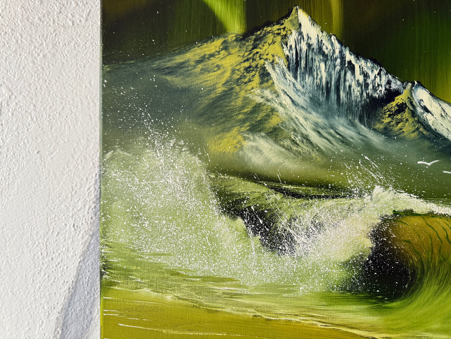 Painting #1889 - 16x20" Canvas - Aurora Mountain Seascape painted 6-12-25