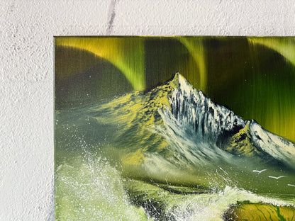 Painting #1889 - 16x20" Canvas - Aurora Mountain Seascape painted 6-12-25