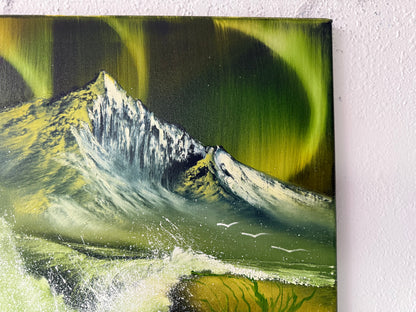 Painting #1889 - 16x20" Canvas - Aurora Mountain Seascape painted 6-12-25