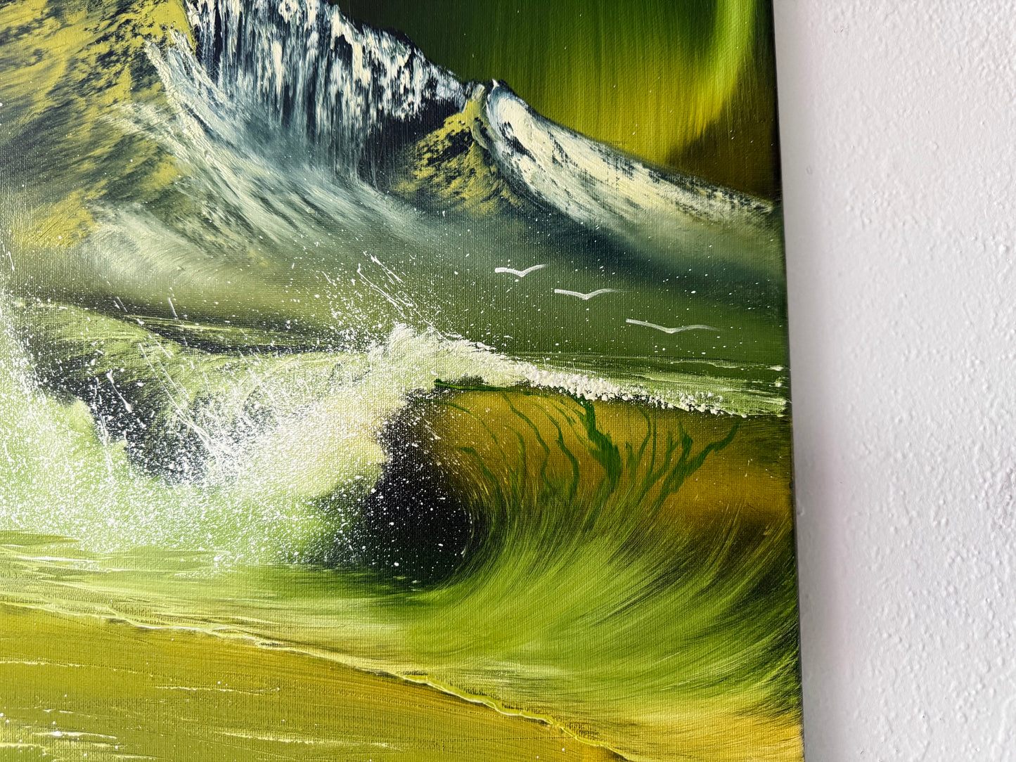 Painting #1889 - 16x20" Canvas - Aurora Mountain Seascape painted 6-12-25