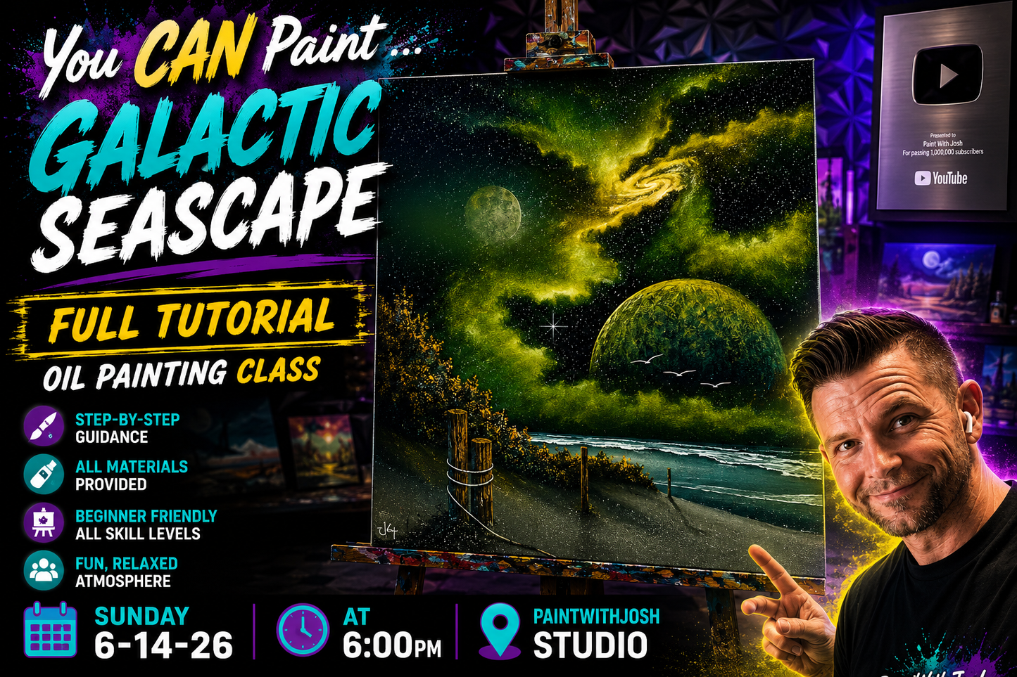 GROUP Painting Class - 6pm - Space Seascape with Planets with PaintWithJosh Sunday 6-14-26